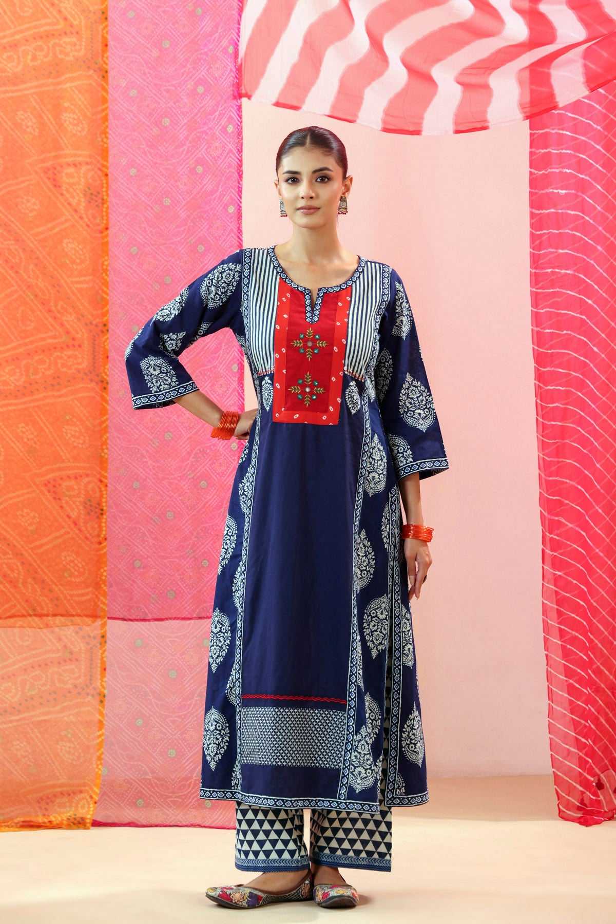 Navy Printed A-line Cotton Kurta