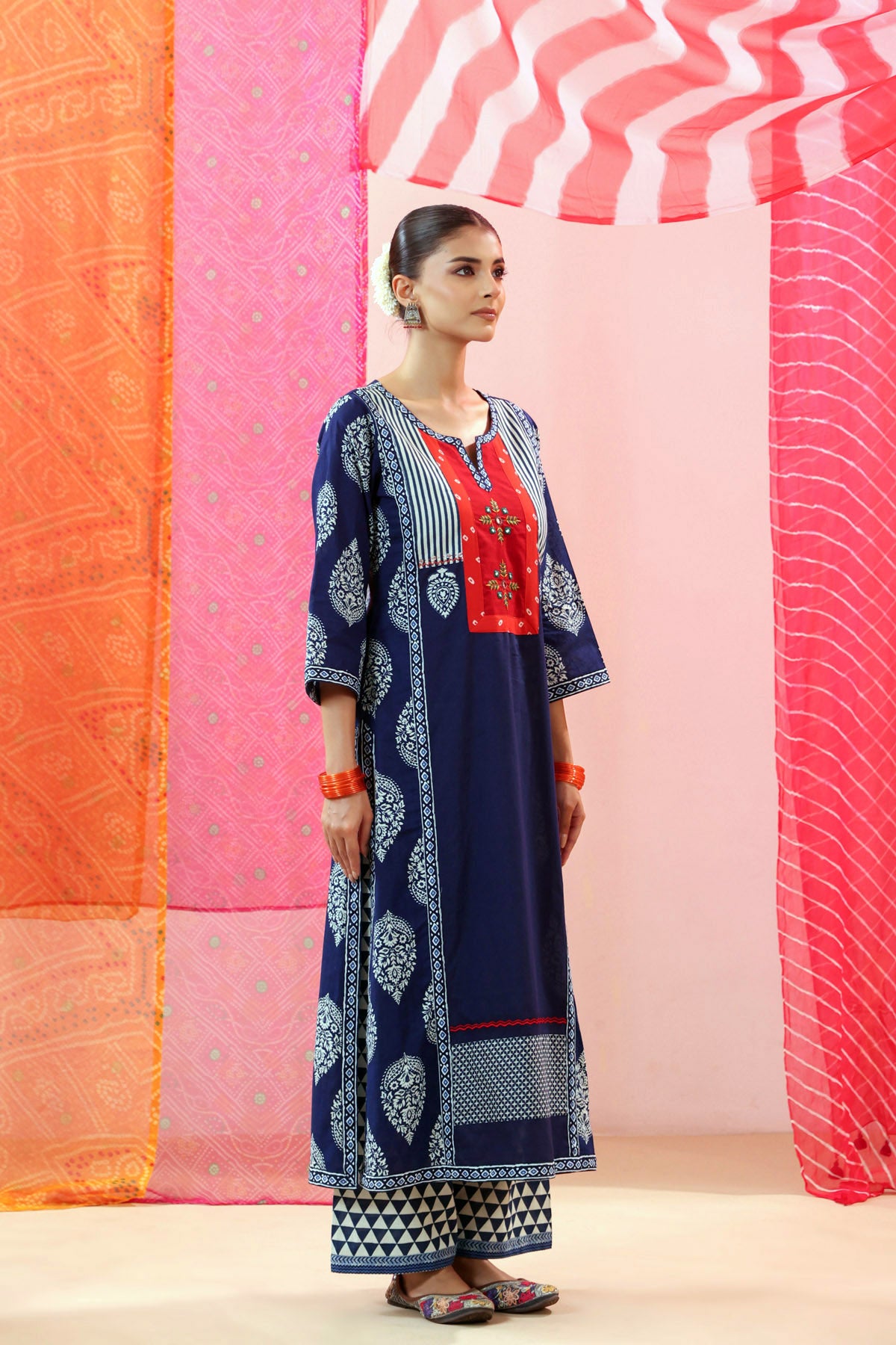 Navy Printed A-line Cotton Kurta