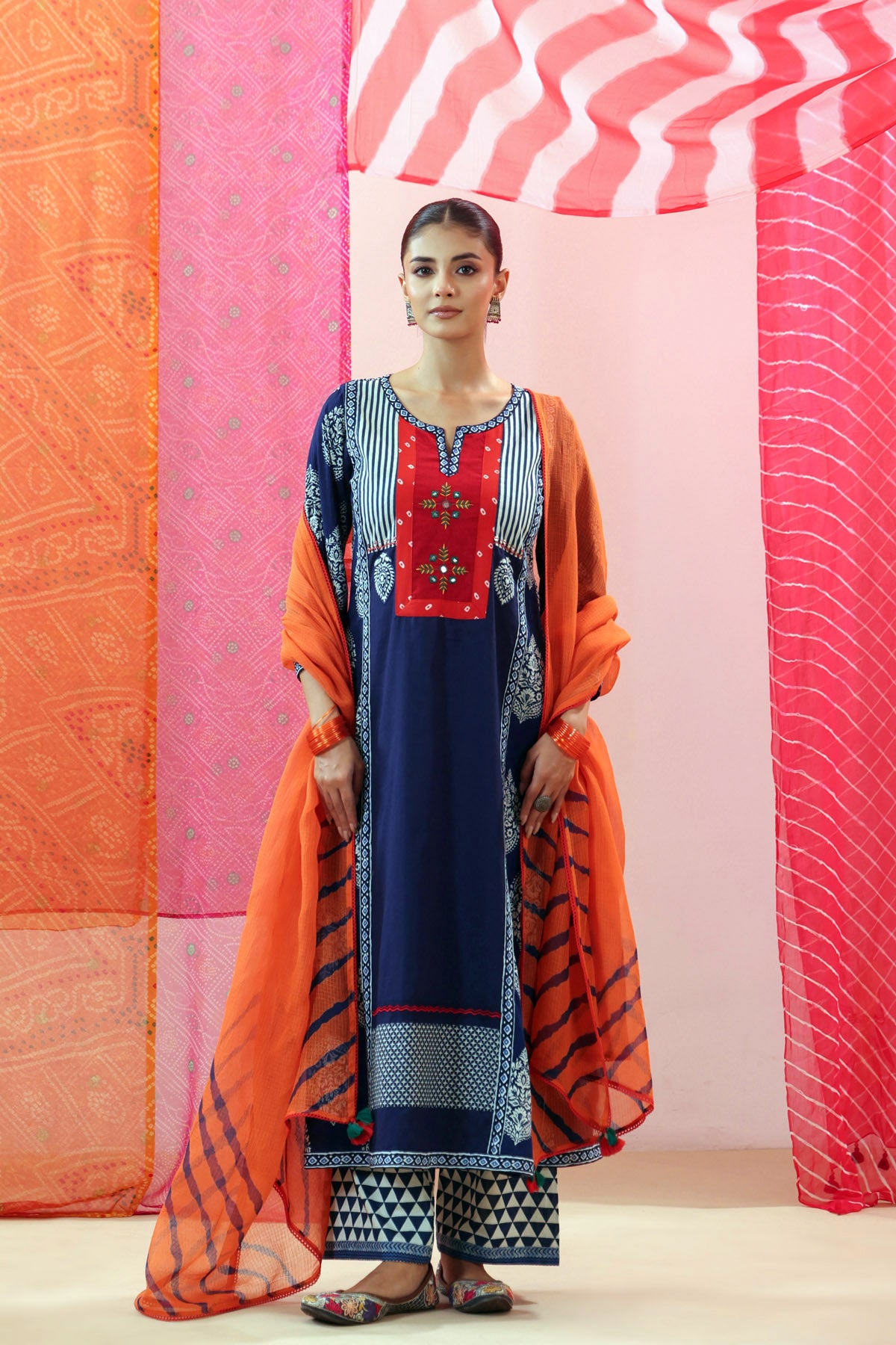 Navy Printed A-line Cotton Kurta