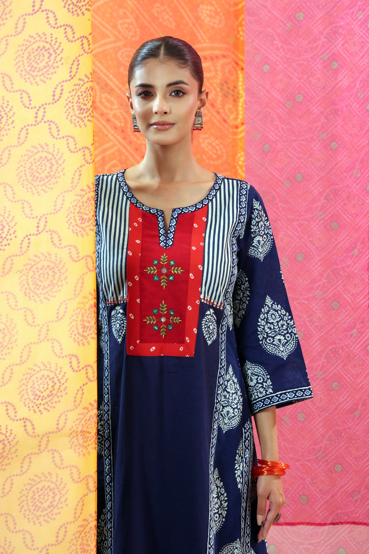 Navy Printed A-line Cotton Kurta