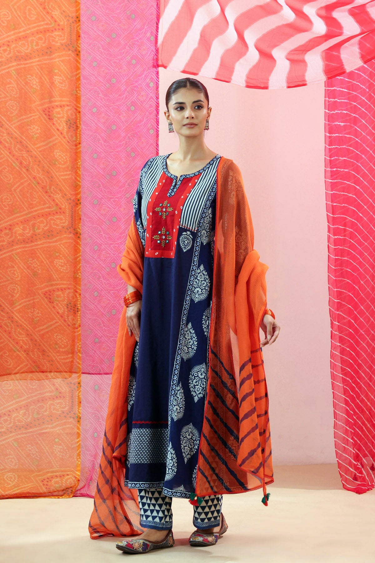 Navy Printed A-line Cotton Kurta