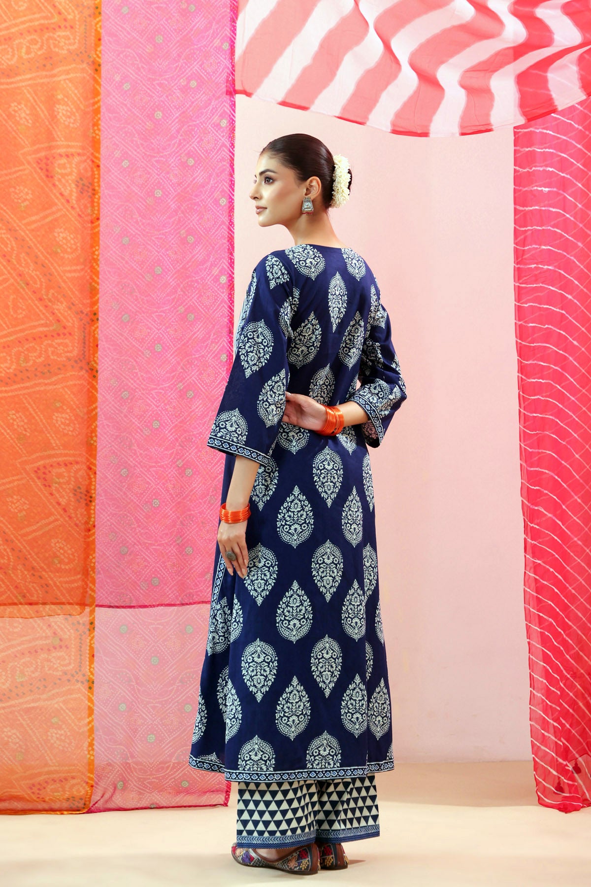 Navy Printed A-line Cotton Kurta