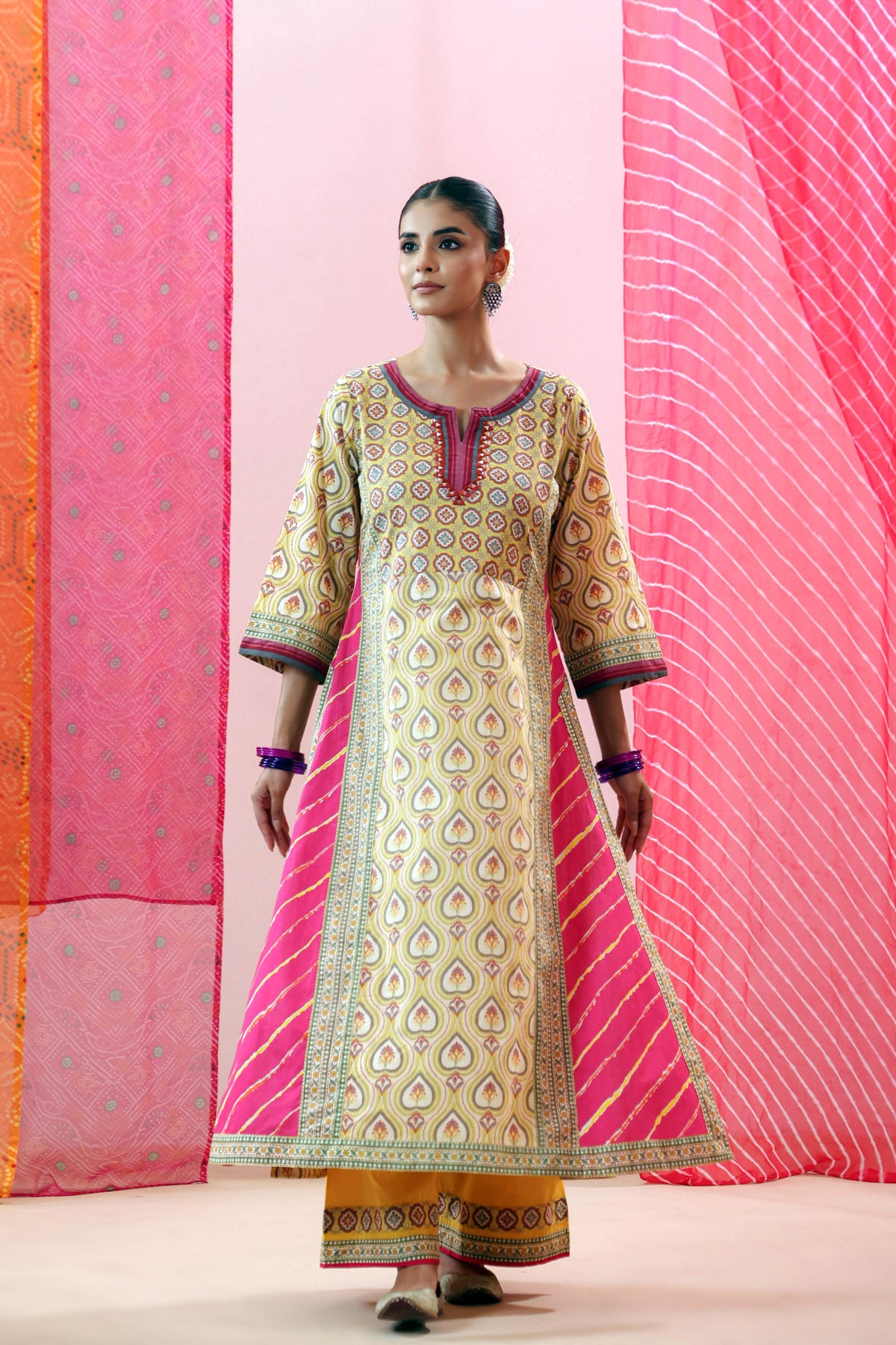 Yellow Cotton Printed A-line Kurta