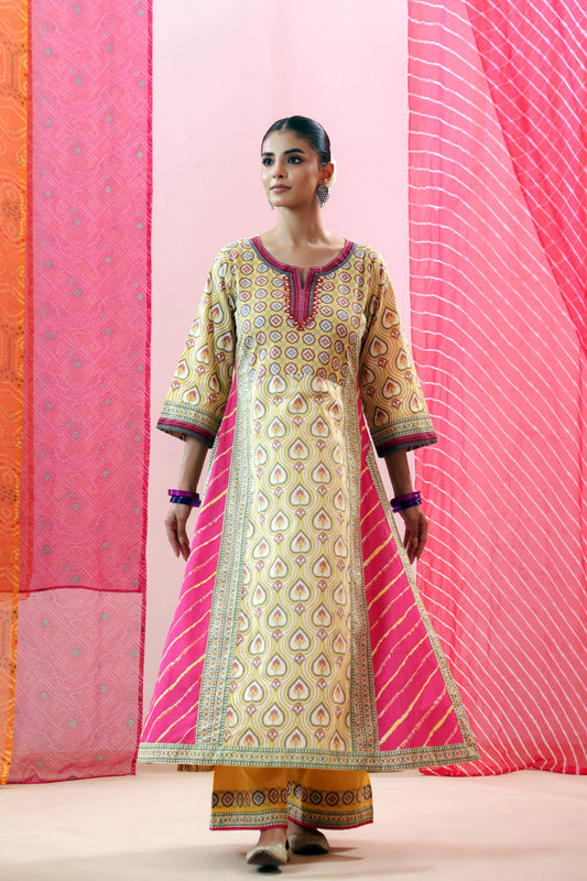 Yellow Cotton Printed A-line Kurta