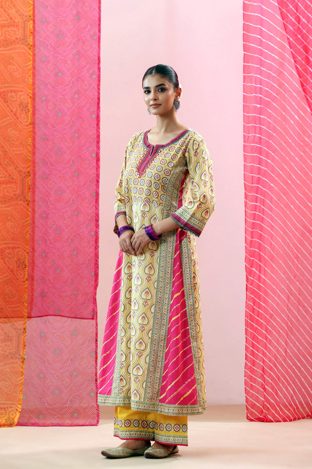 Yellow Cotton Printed A-line Kurta