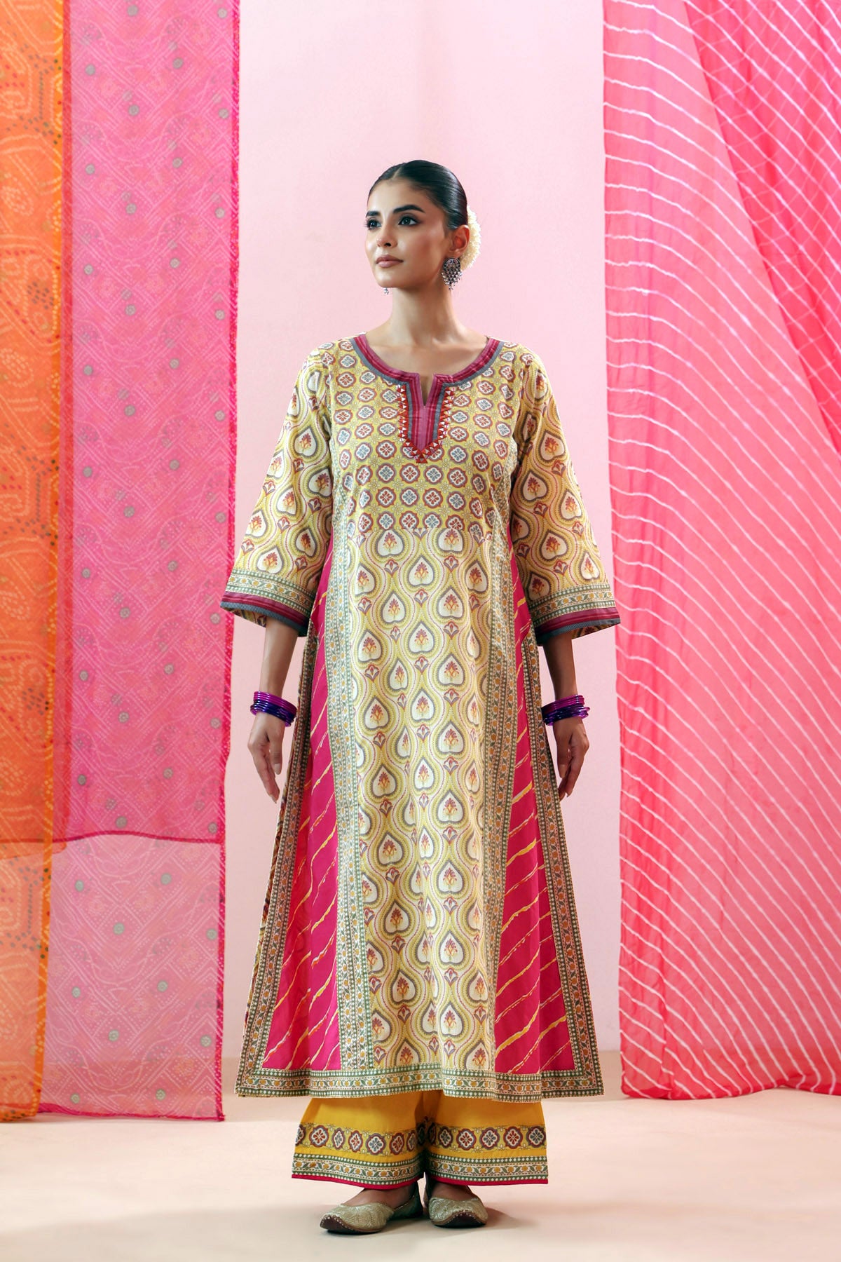 Yellow Cotton Printed A-line Kurta