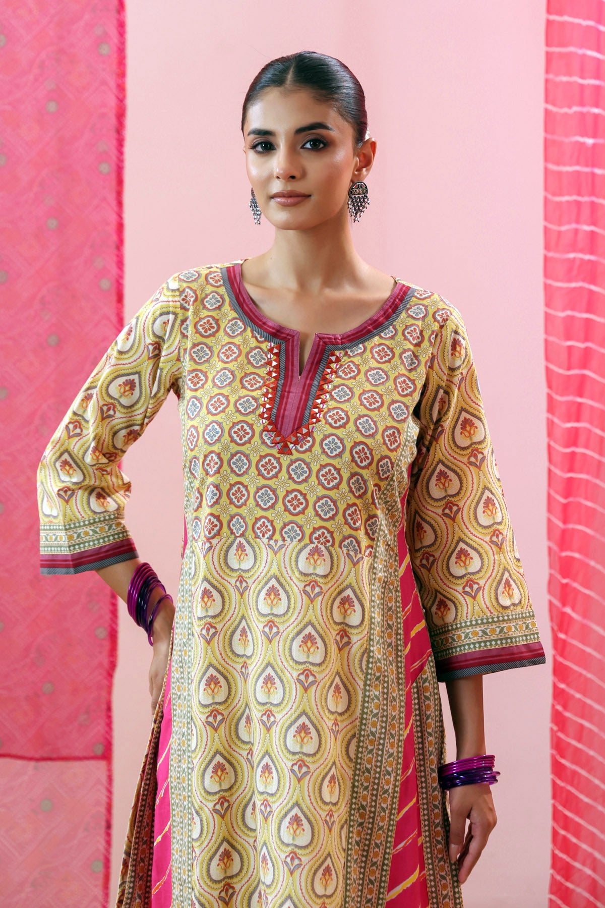 Yellow Cotton Printed A-line Kurta