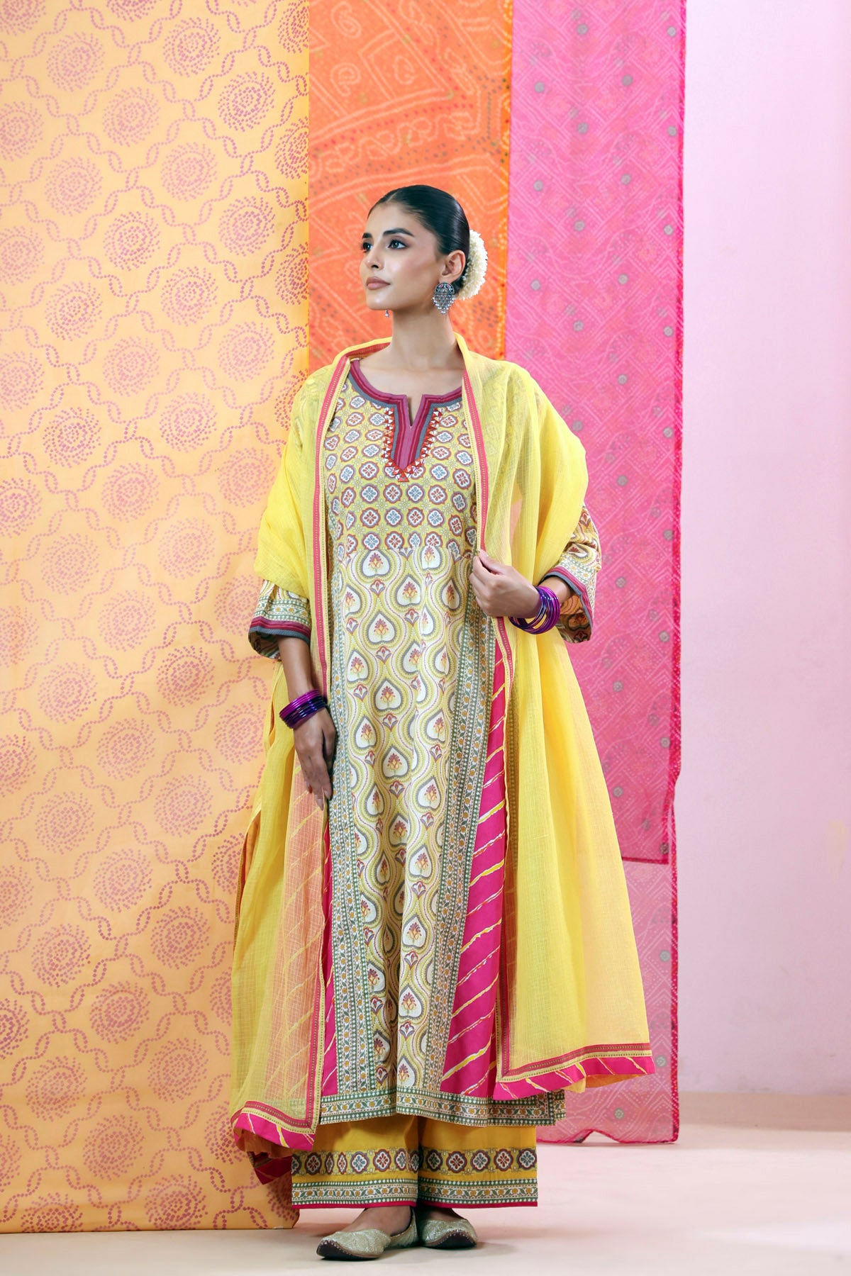 Yellow Cotton Printed A-line Kurta