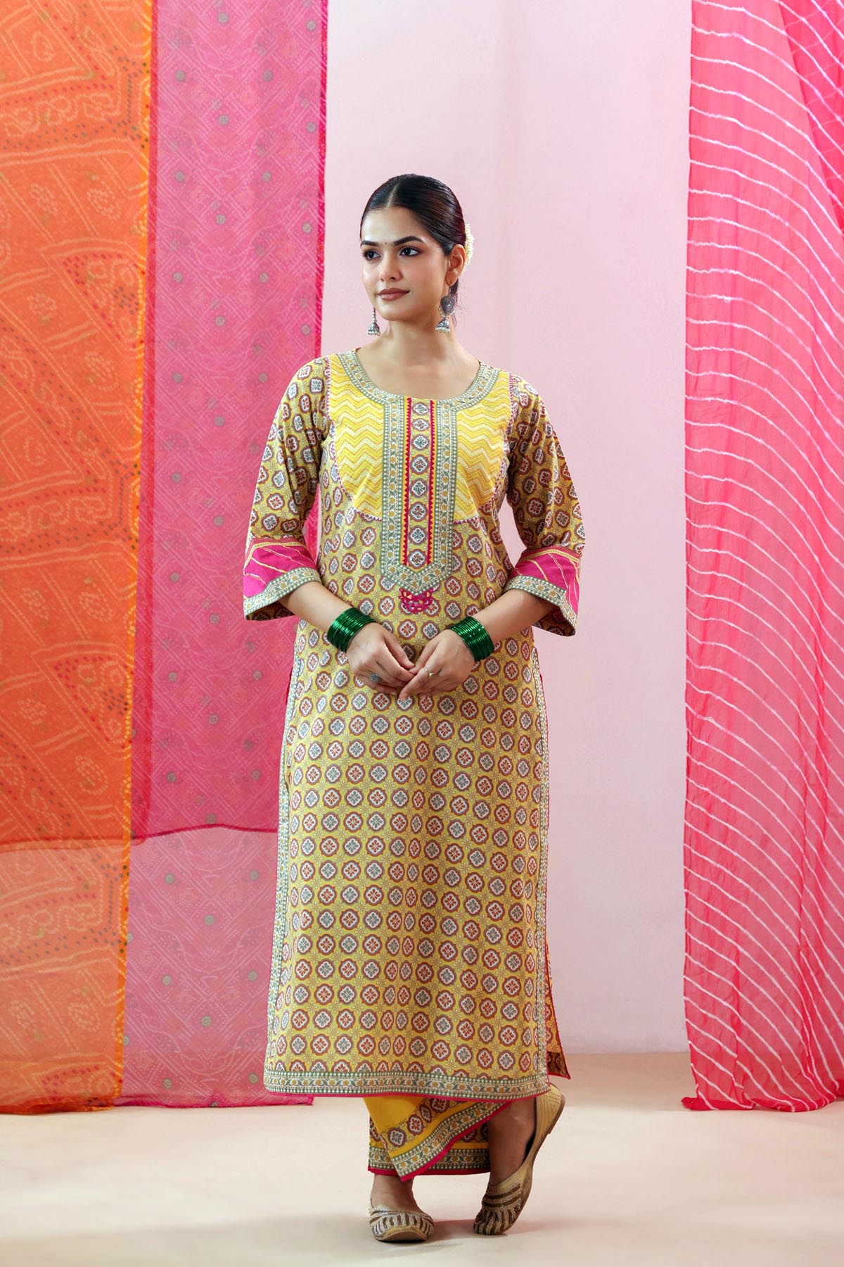Yellow Cotton Printed Straight Fit Kurta