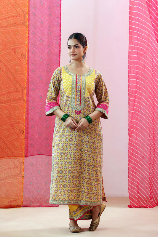 Yellow Cotton Printed Straight Fit Kurta