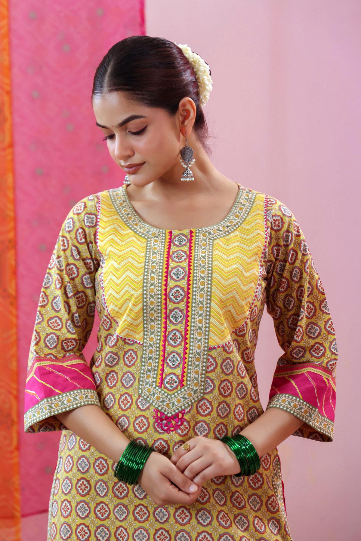 Yellow Cotton Printed Straight Fit Kurta