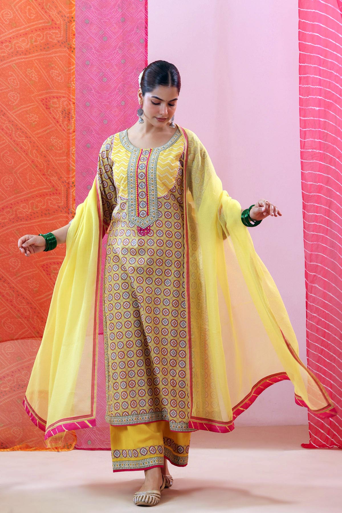 Yellow Cotton Printed Straight Fit Kurta