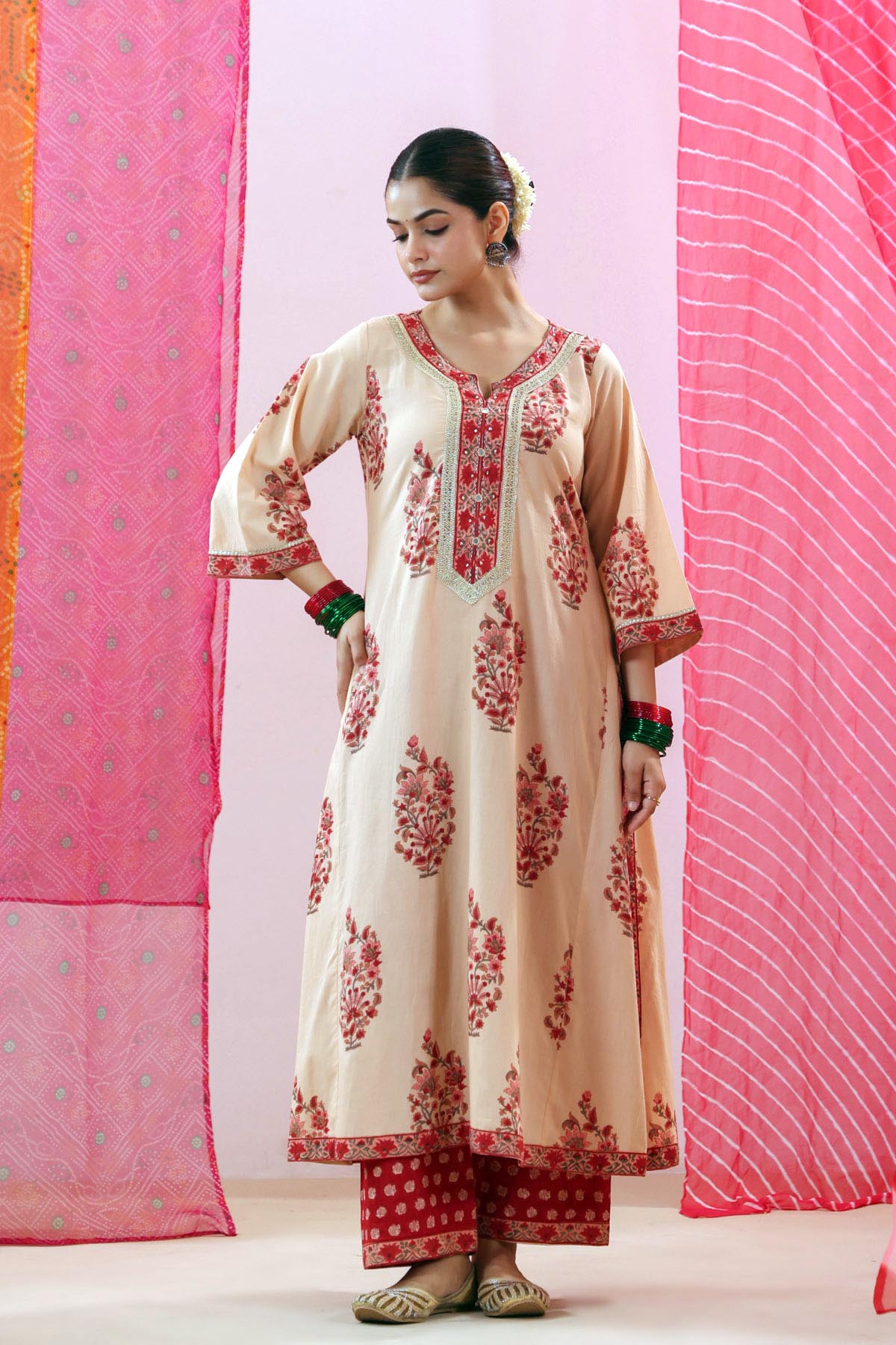 Beige Cotton Handblock Printed A-line Kurta with Gota Work