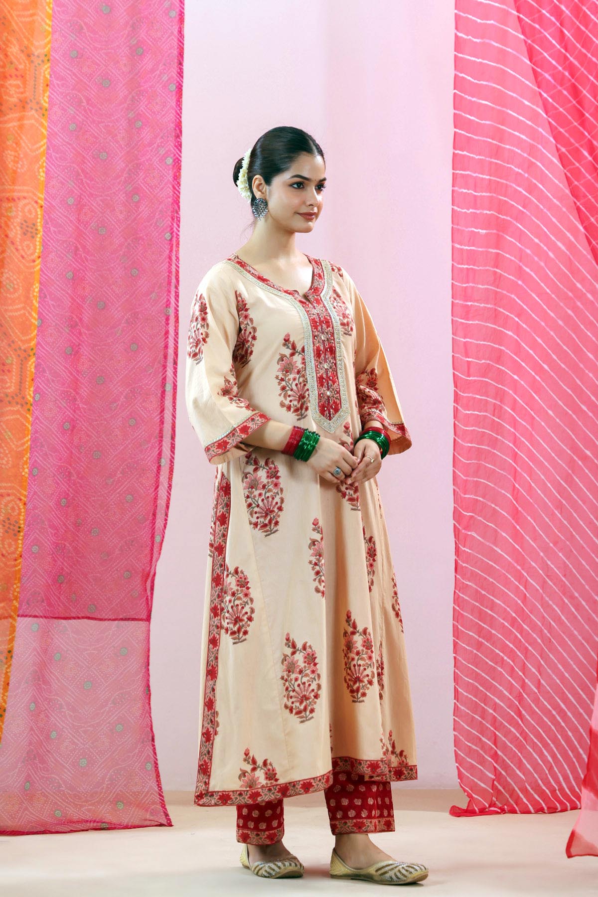 Beige Cotton Handblock Printed A-line Kurta with Gota Work