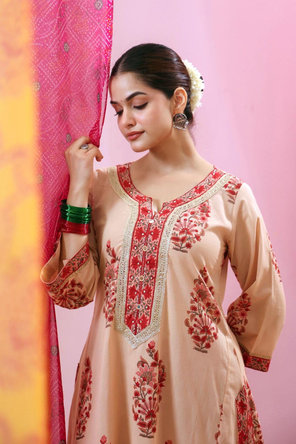 Beige Cotton Handblock Printed A-line Kurta with Gota Work