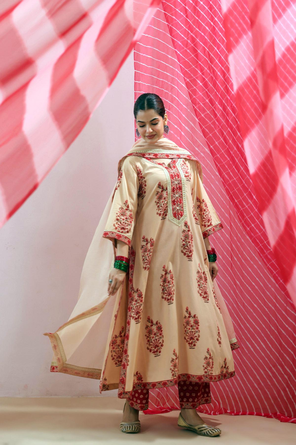 Beige Cotton Handblock Printed A-line Kurta with Gota Work