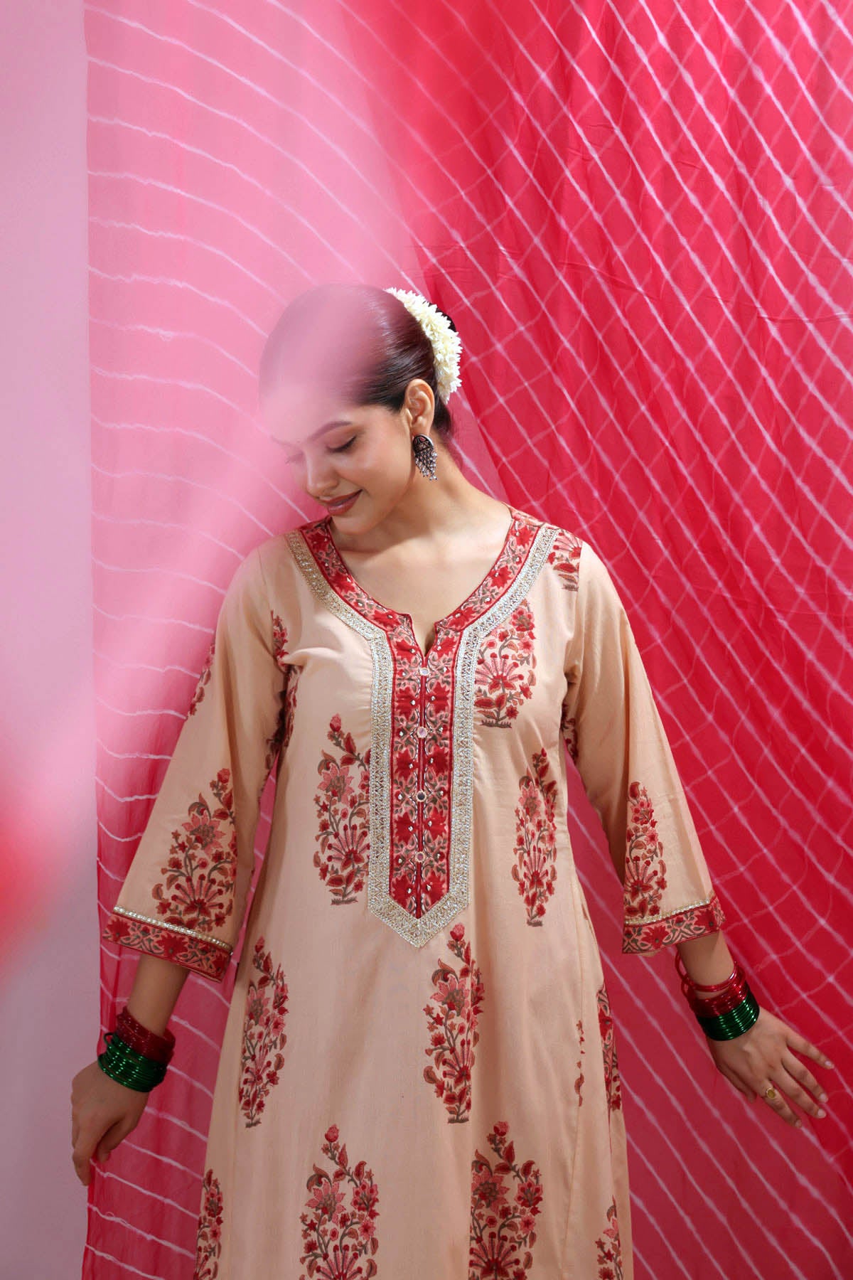 Beige Cotton Handblock Printed A-line Kurta with Gota Work