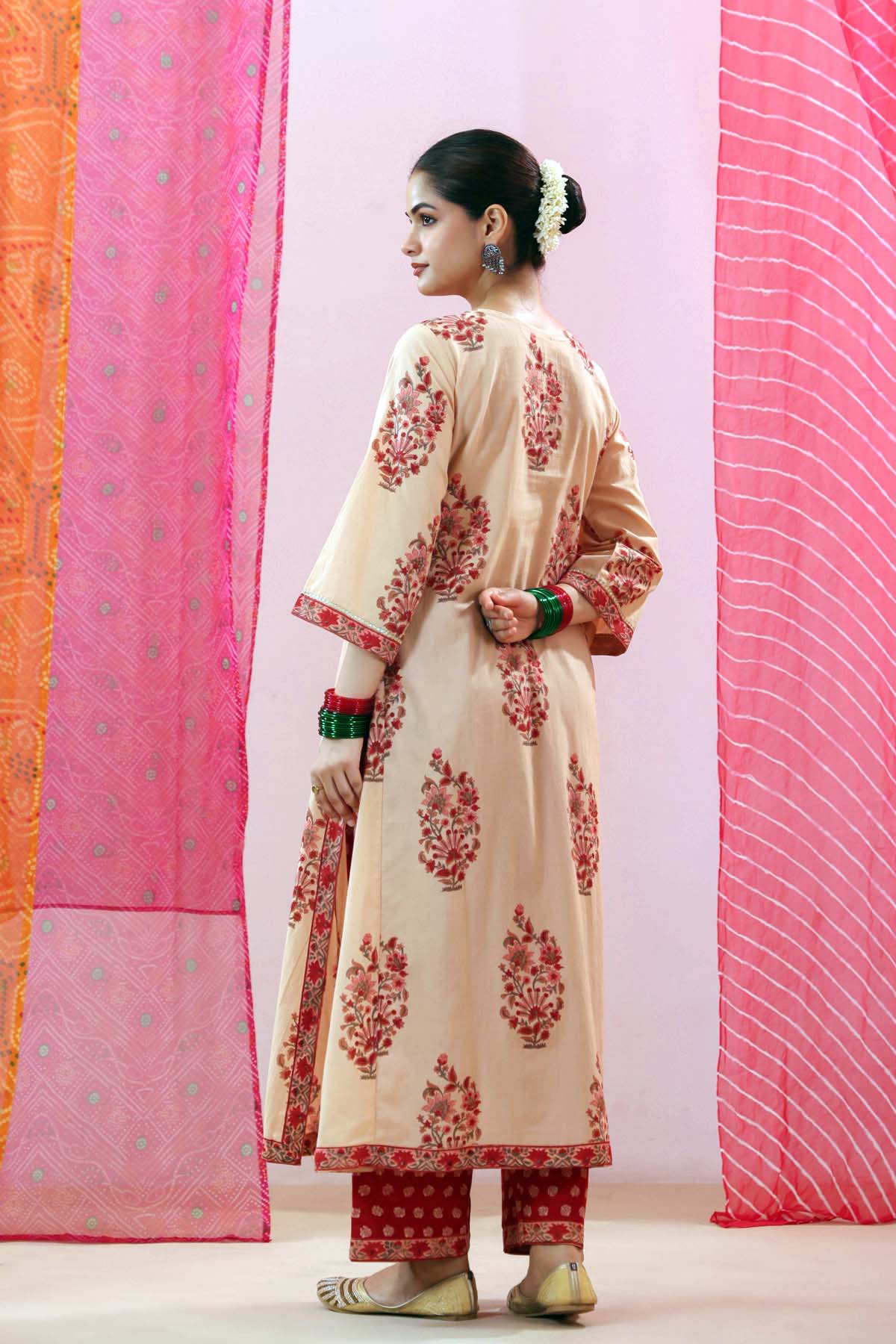 Beige Cotton Handblock Printed A-line Kurta with Gota Work
