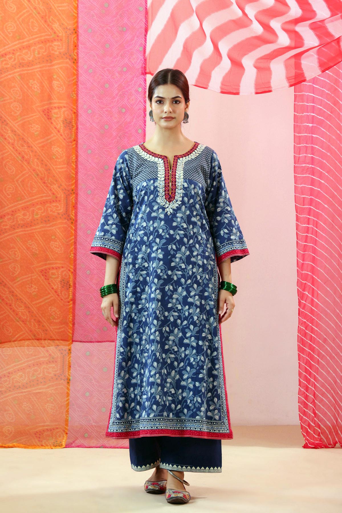 Navy Blue Printed Cotton Straight Kurta