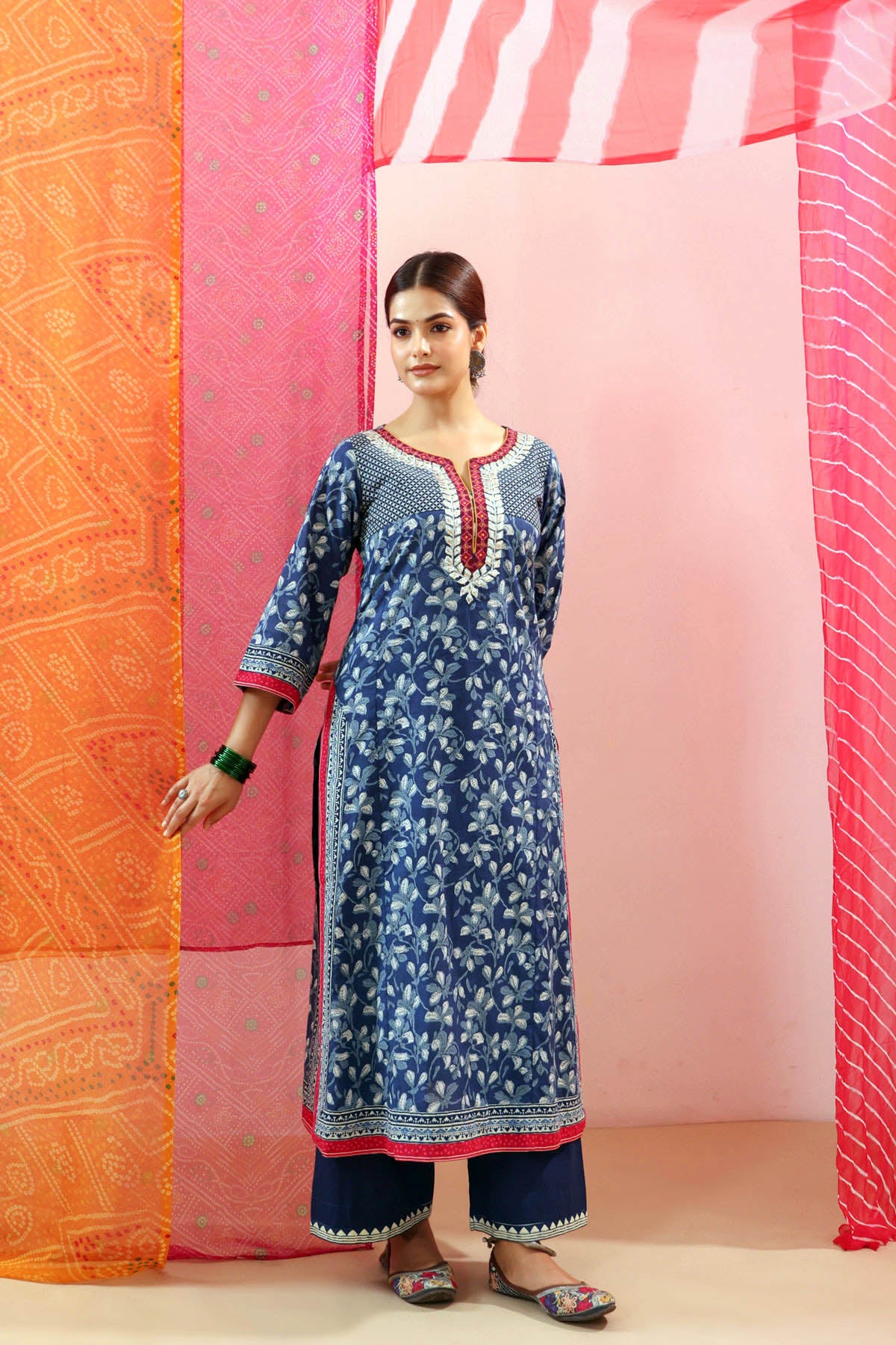 Navy Blue Printed Cotton Straight Kurta