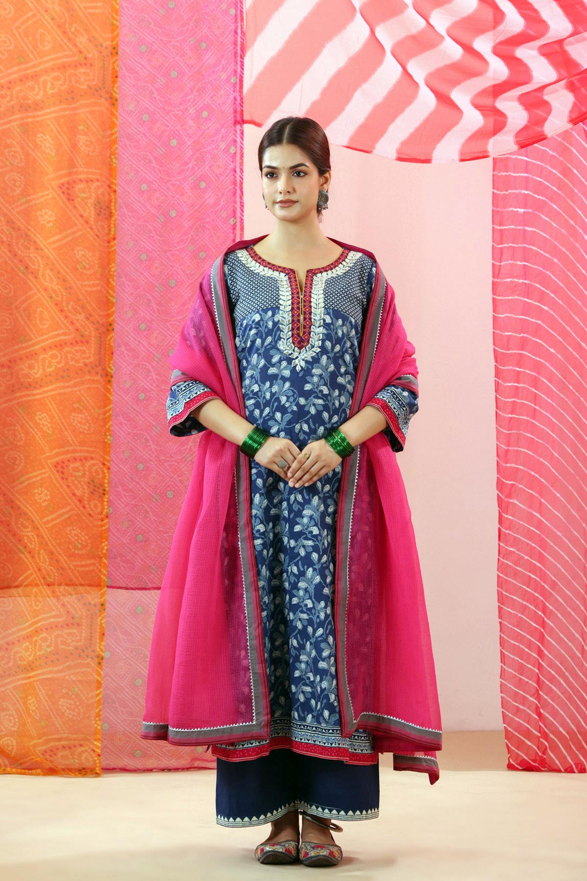 Navy Blue Printed Cotton Straight Kurta