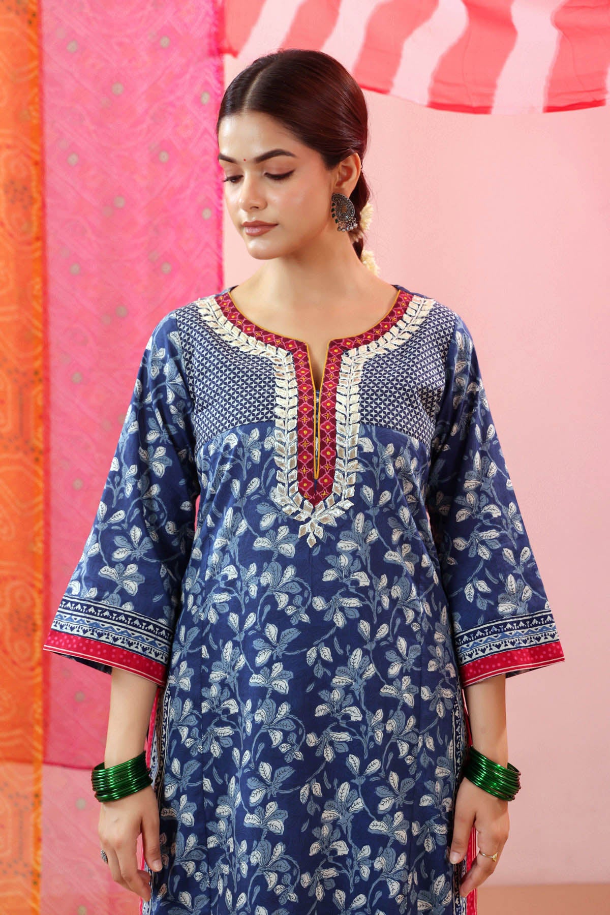 Navy Blue Printed Cotton Straight Kurta