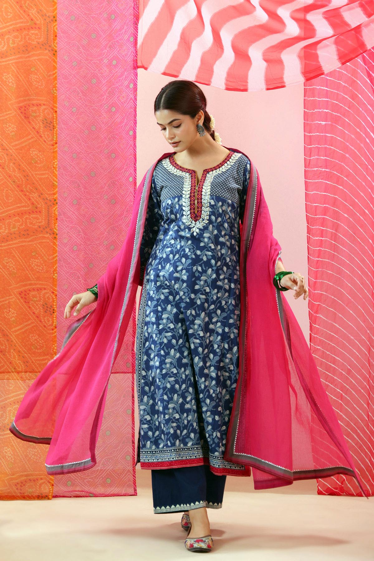 Navy Blue Printed Cotton Straight Kurta