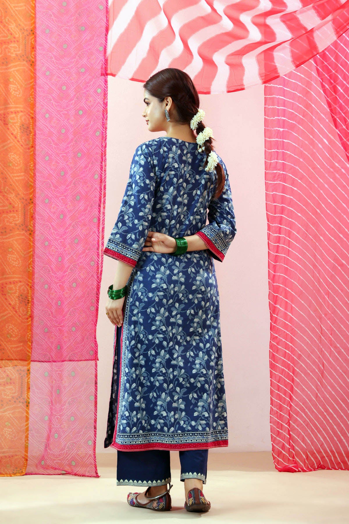 Navy Blue Printed Cotton Straight Kurta