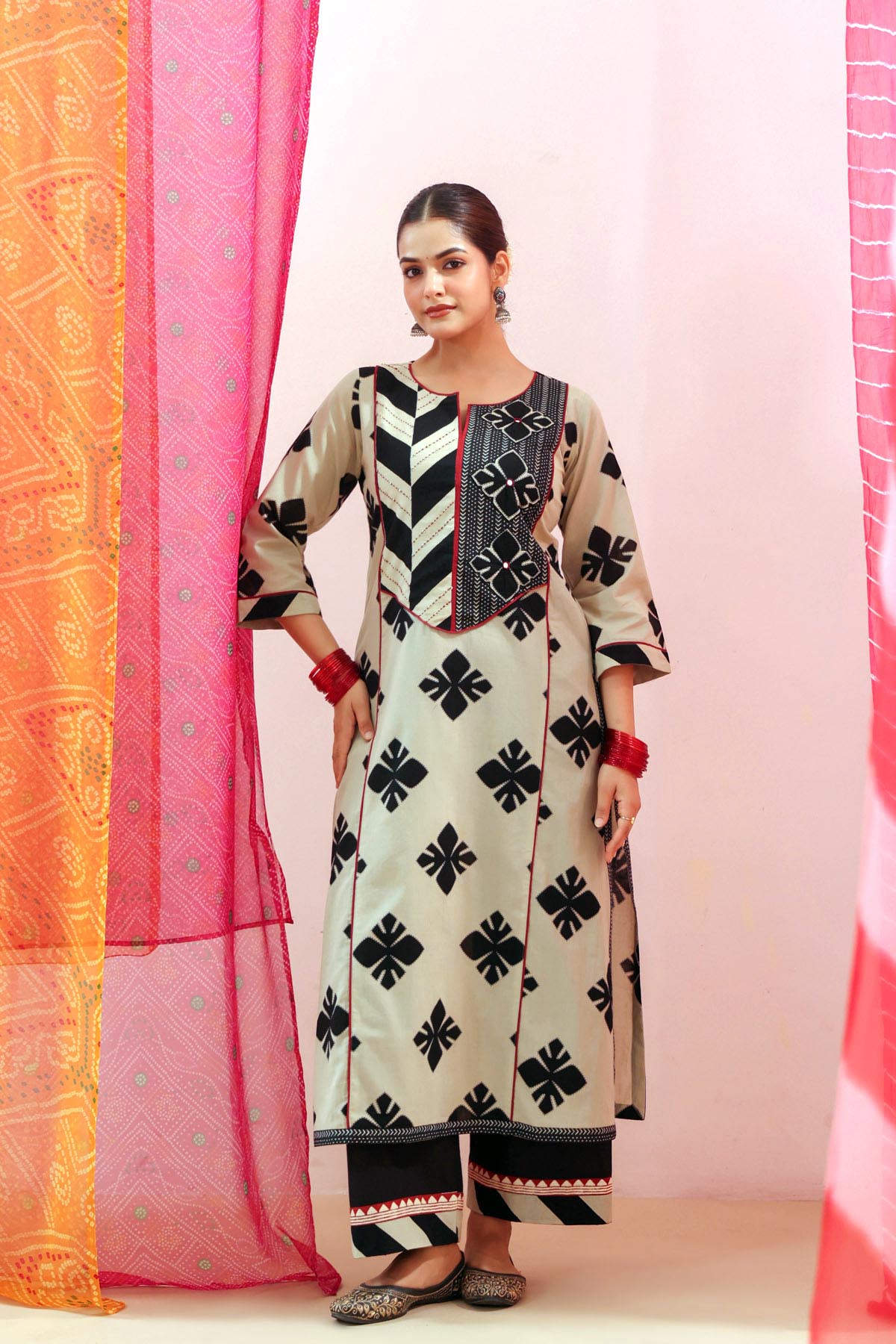 Beige & Black Cotton  Printed A-line Kurta