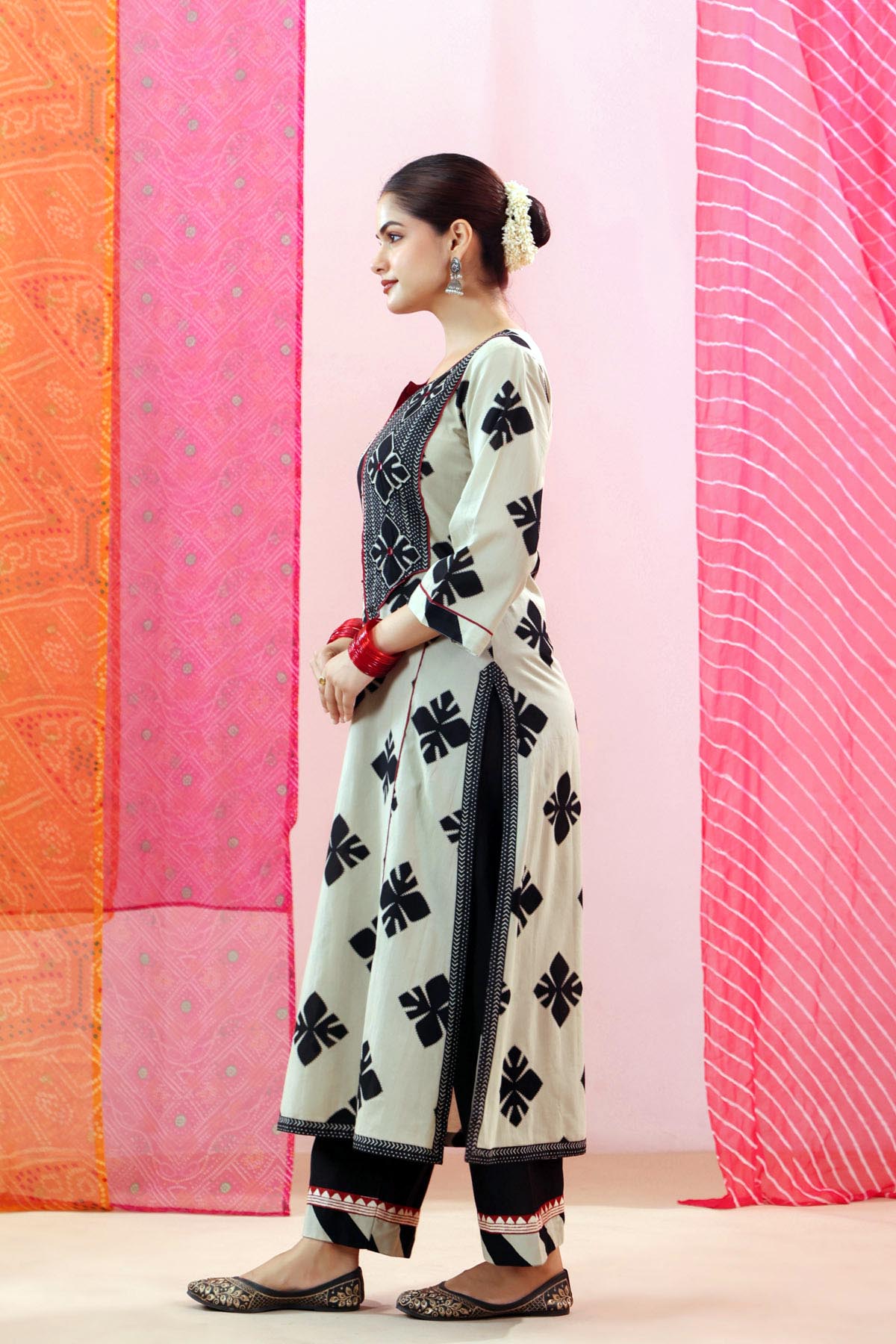 Beige & Black Cotton  Printed A-line Kurta