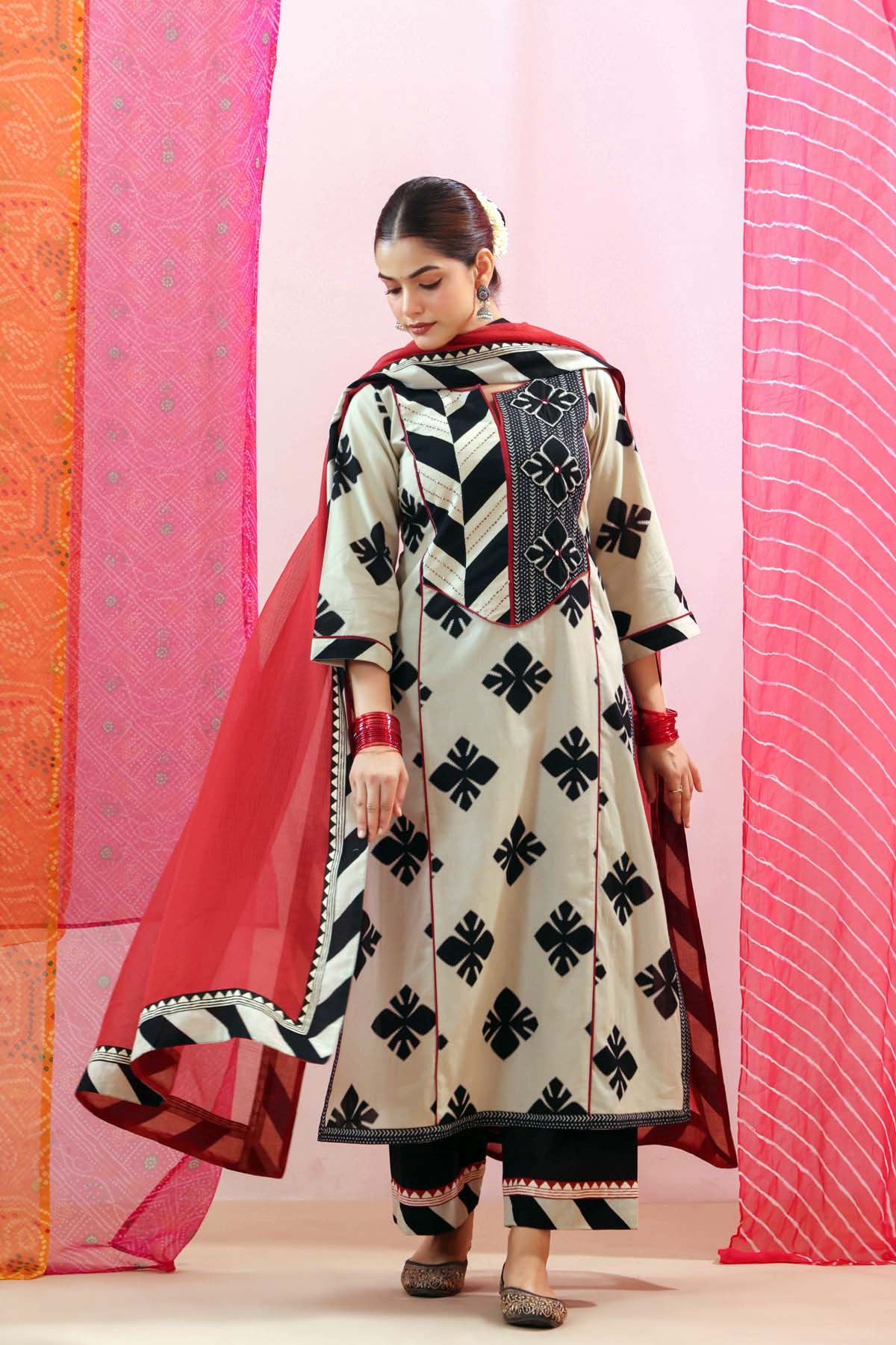 Beige & Black Cotton  Printed A-line Kurta