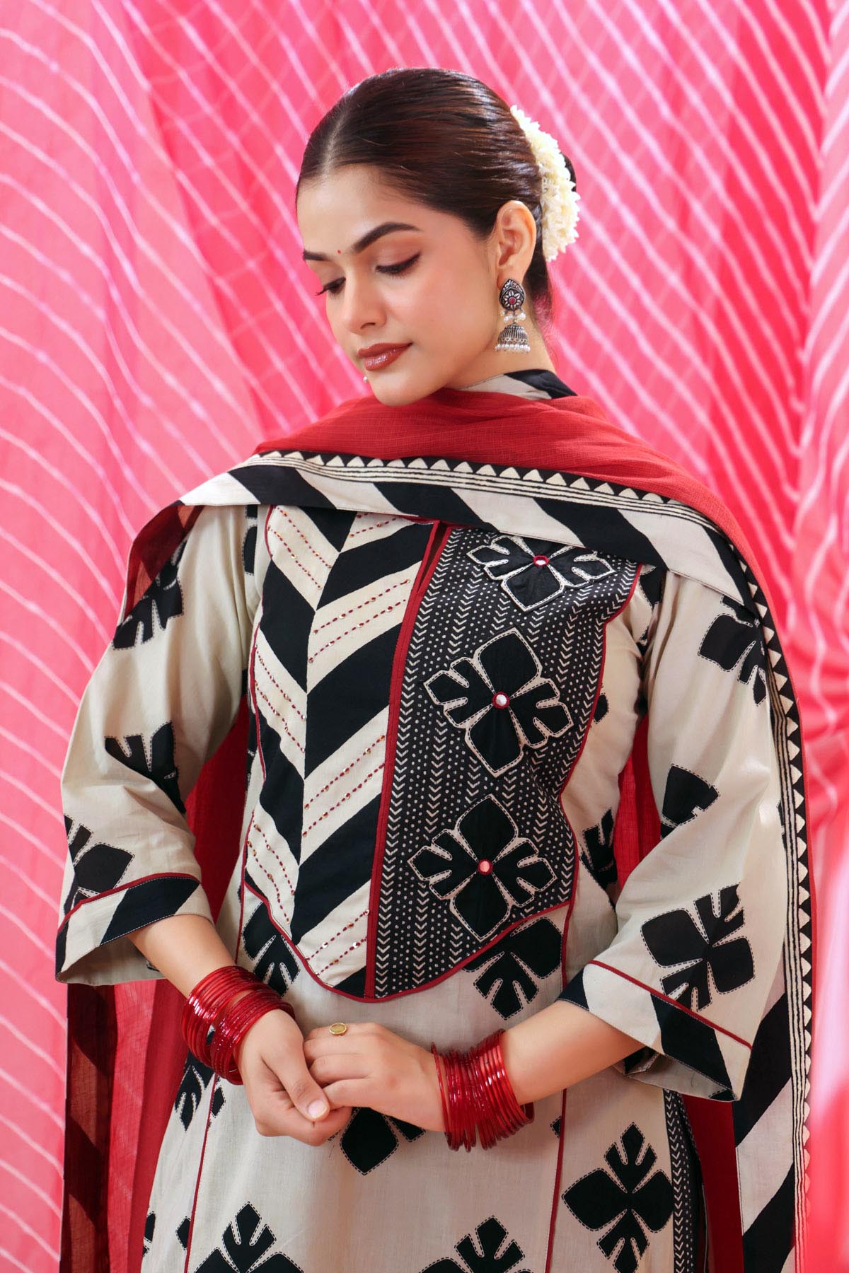 Beige & Black Cotton  Printed A-line Kurta
