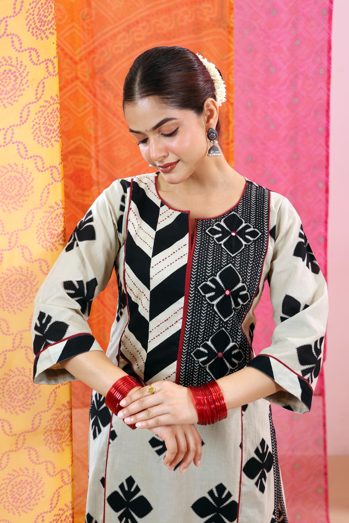 Beige & Black Cotton  Printed A-line Kurta