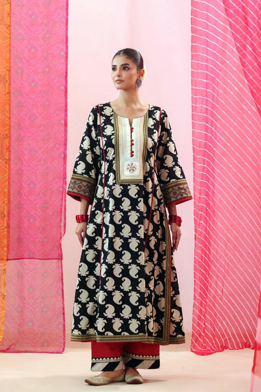 Black & Beige Paisley Print Cotton A-line Kurta