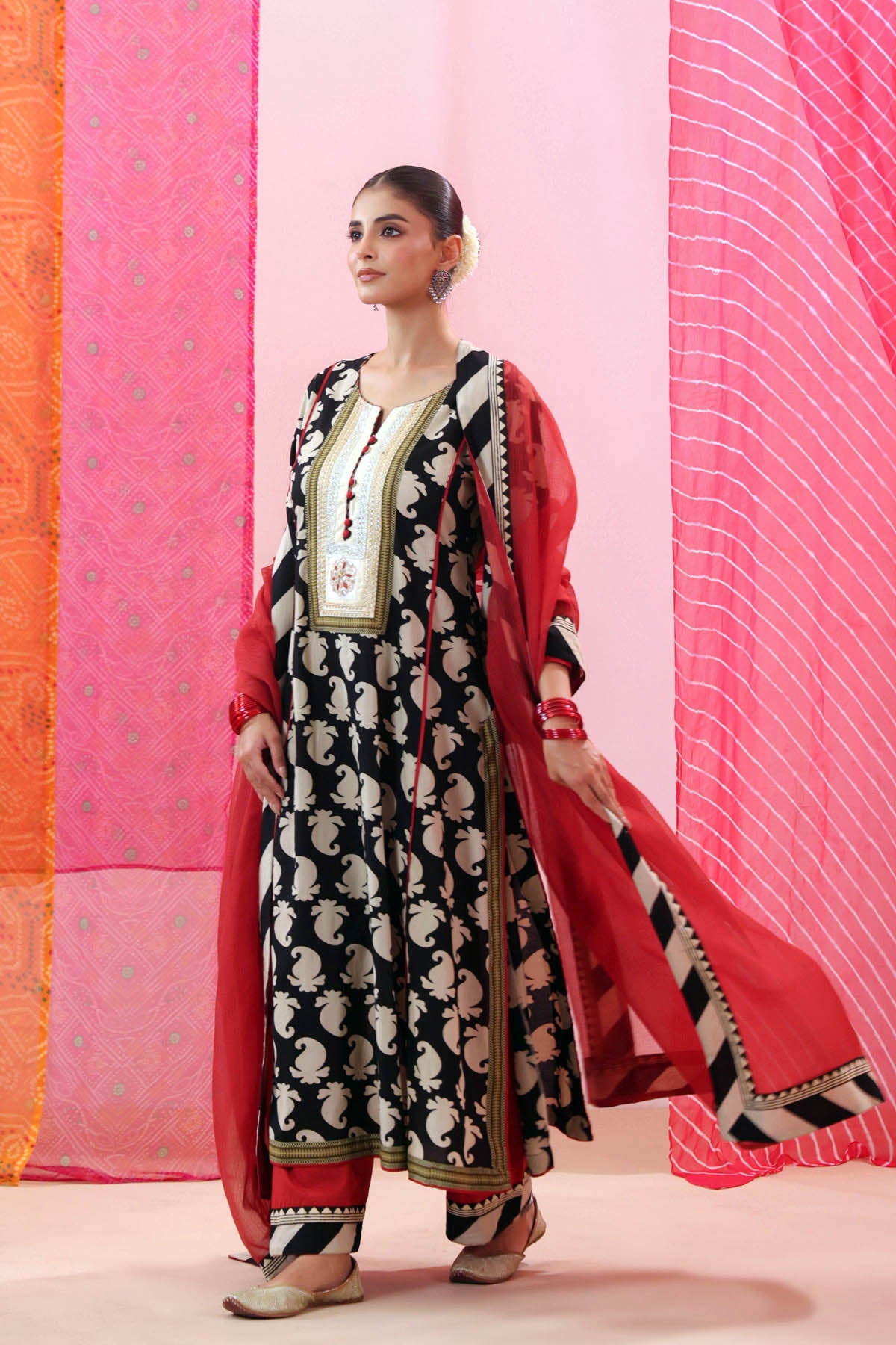 Black & Beige Paisley Print Cotton A-line Kurta