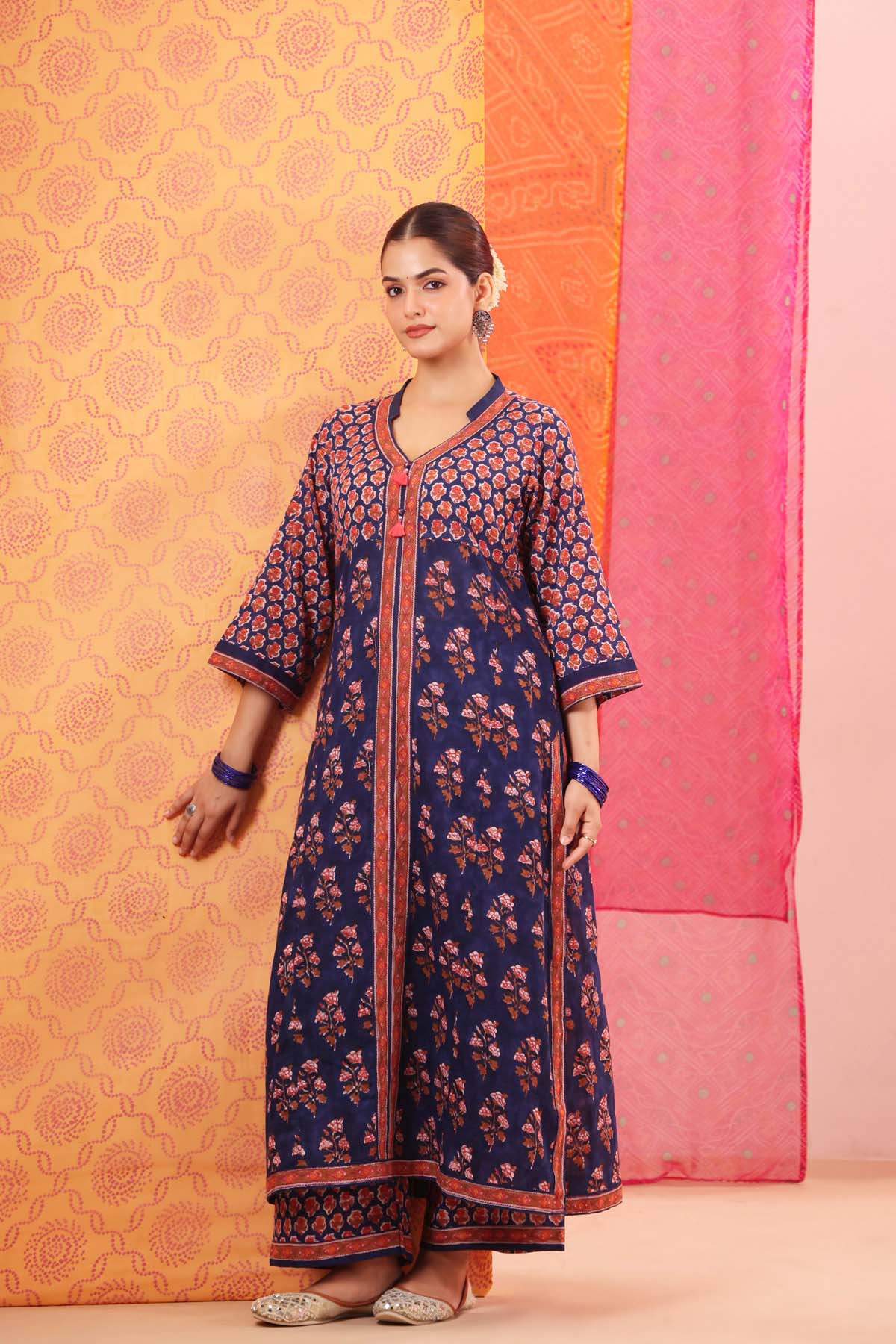 Navy Blue Floral Handblock Printed Cotton A-line Kurta
