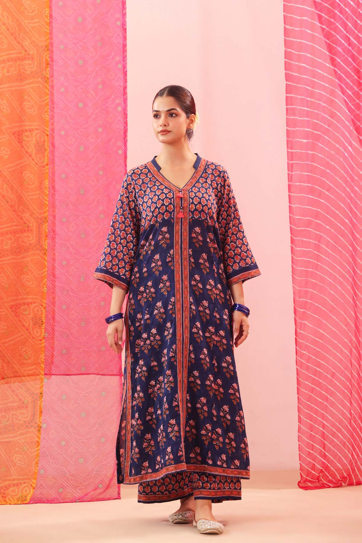 Navy Blue Floral Handblock Printed Cotton A-line Kurta