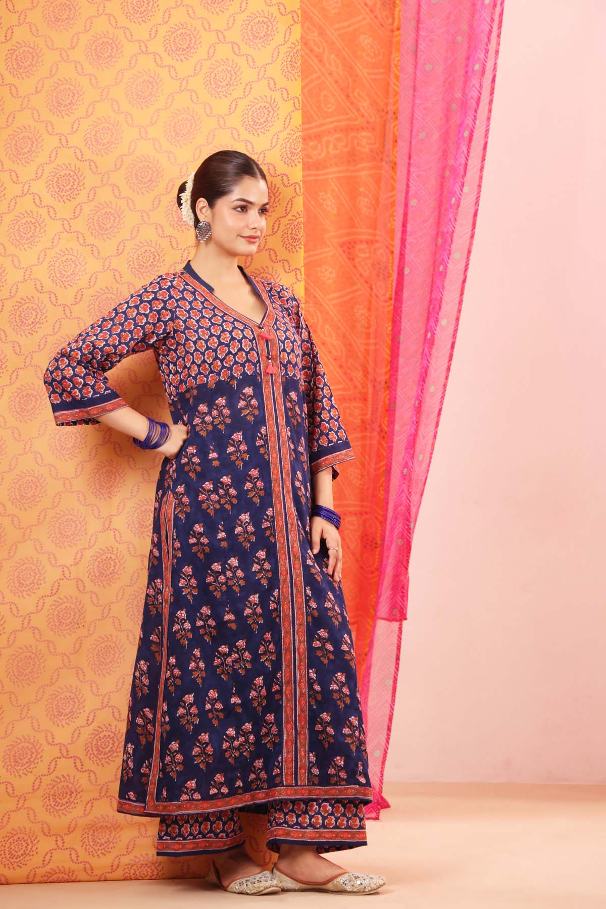 Navy Blue Floral Handblock Printed Cotton A-line Kurta