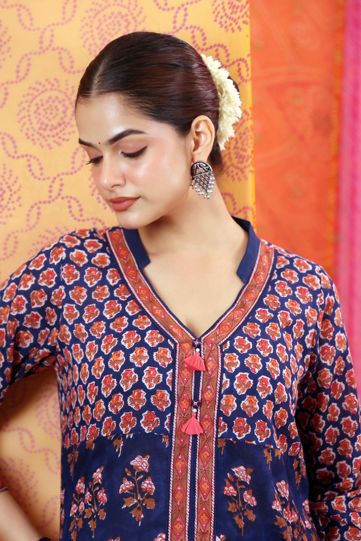 Navy Blue Floral Handblock Printed Cotton A-line Kurta