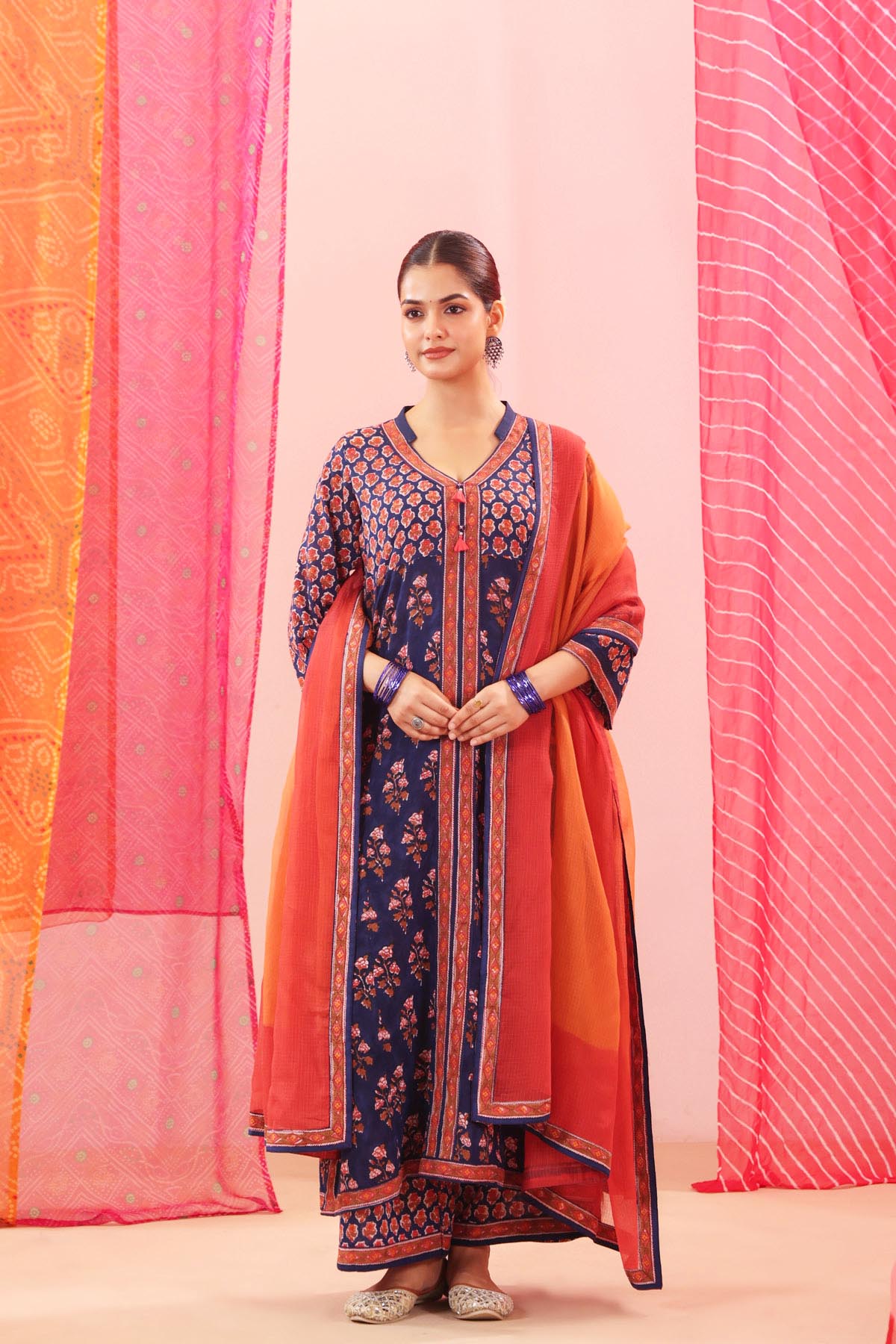 Navy Blue Floral Handblock Printed Cotton A-line Kurta