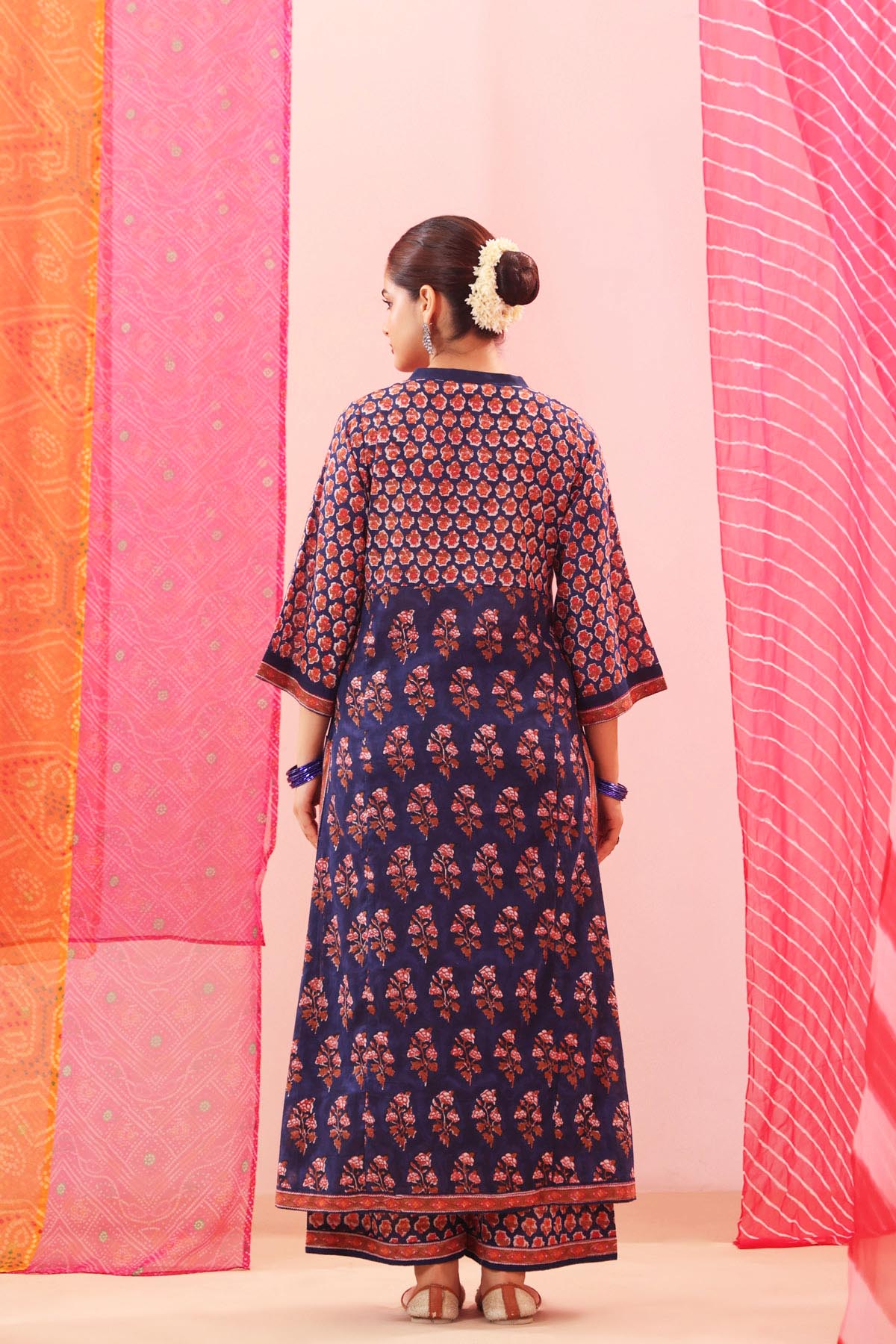 Navy Blue Floral Handblock Printed Cotton A-line Kurta