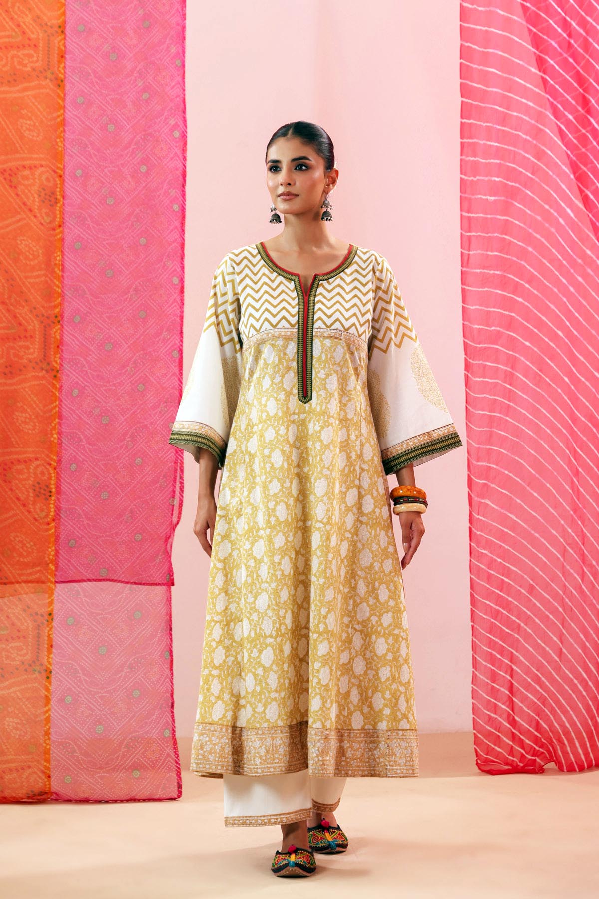 Off-White Handblock Printed Cotton A-line Kurta