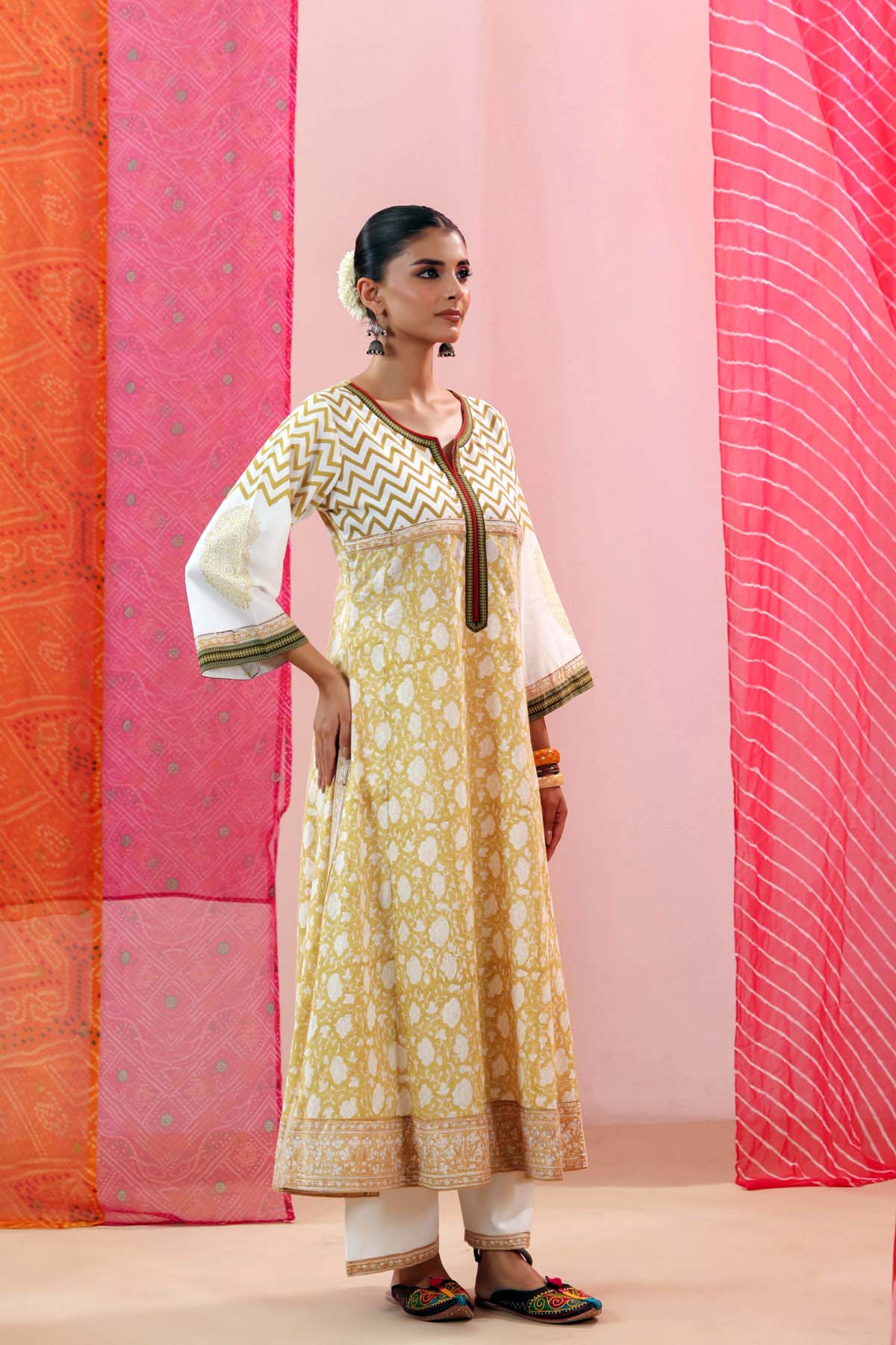 Off-White Handblock Printed Cotton A-line Kurta