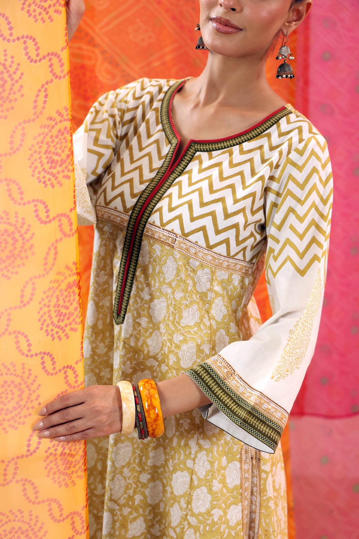 Off-White Handblock Printed Cotton A-line Kurta