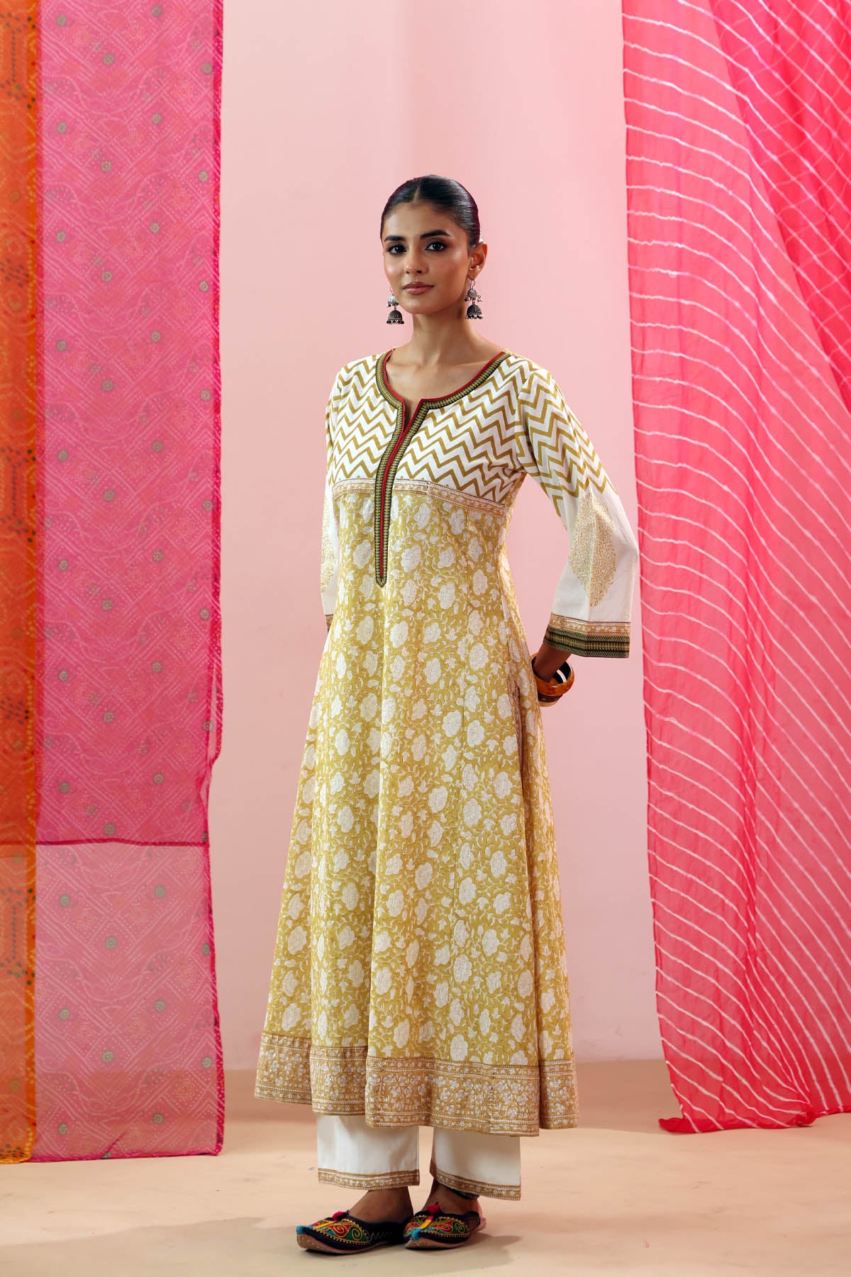 Off-White Handblock Printed Cotton A-line Kurta