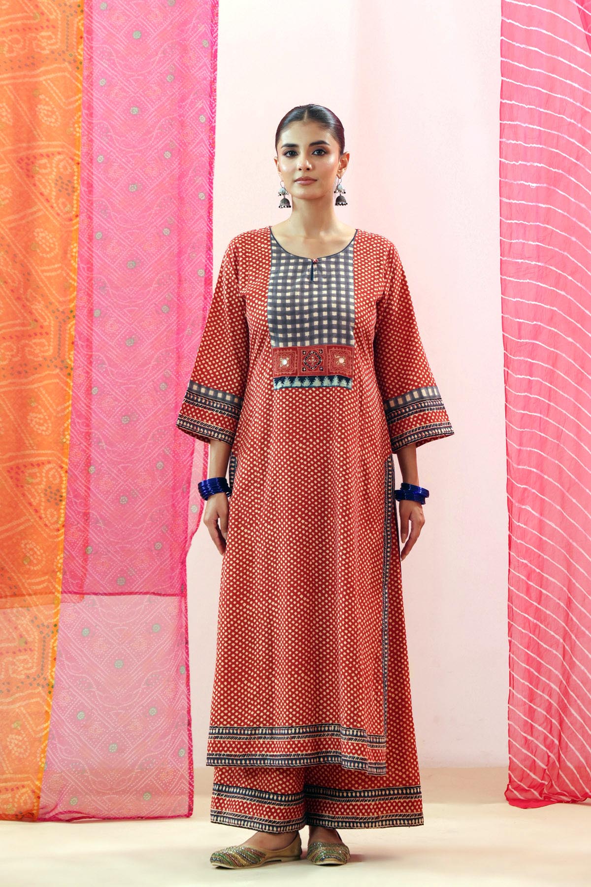 Rust Red Printed Cotton Straight Kurta