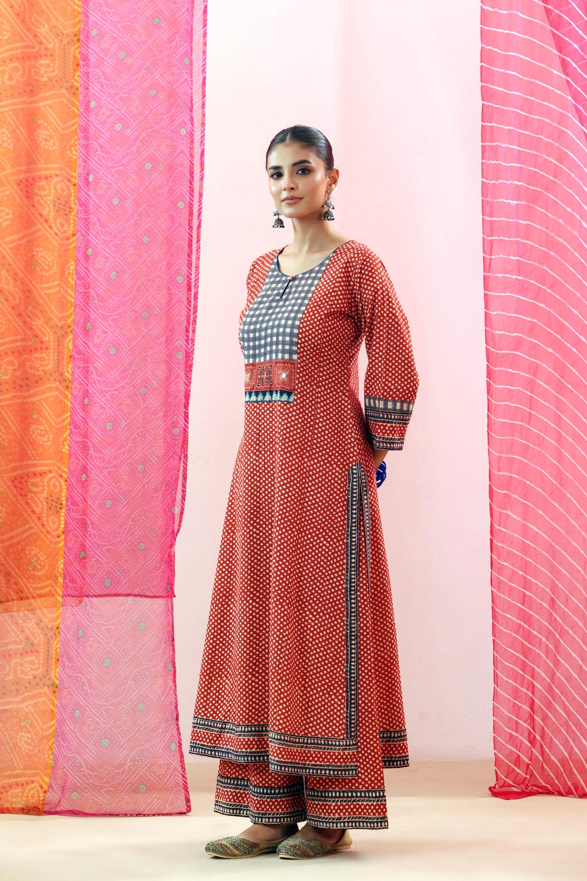 Rust Red Printed Cotton Straight Kurta
