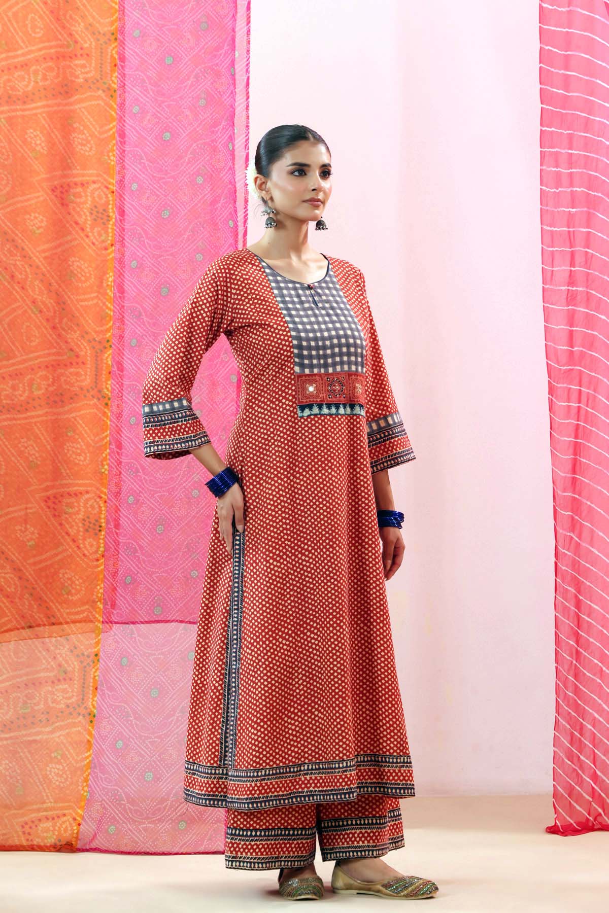 Rust Red Printed Cotton Straight Kurta