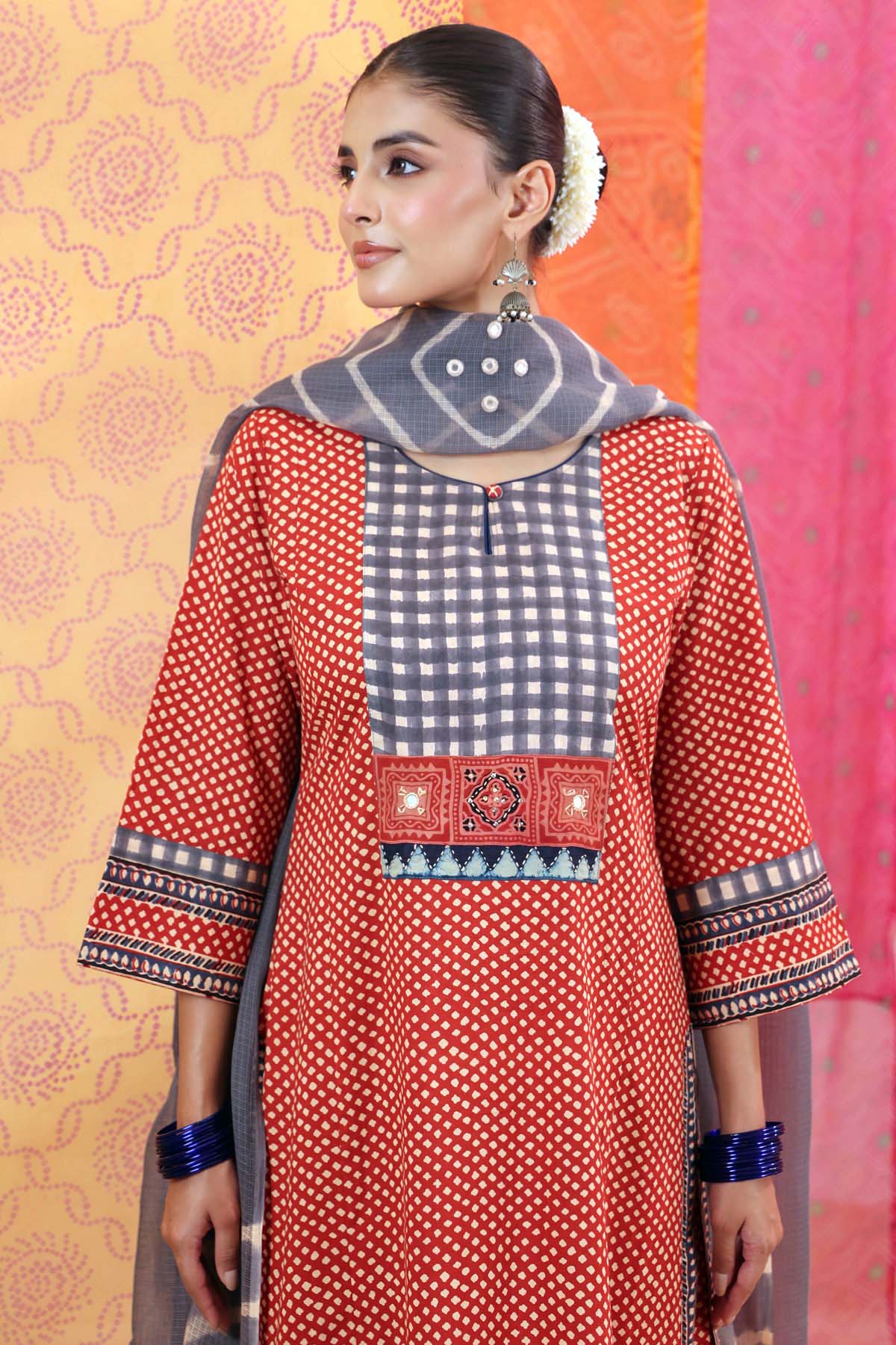 Rust Red Printed Cotton Straight Kurta