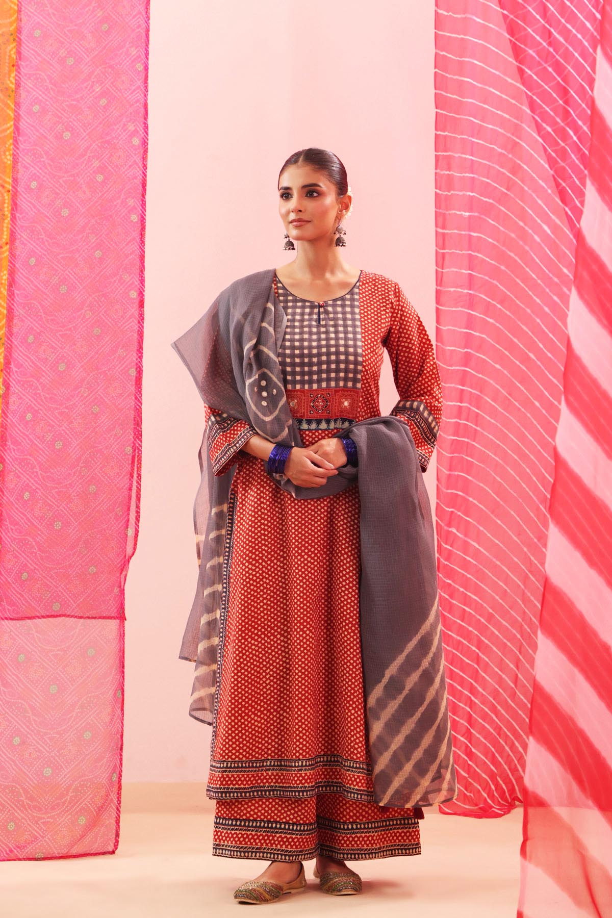 Rust Red Printed Cotton Straight Kurta